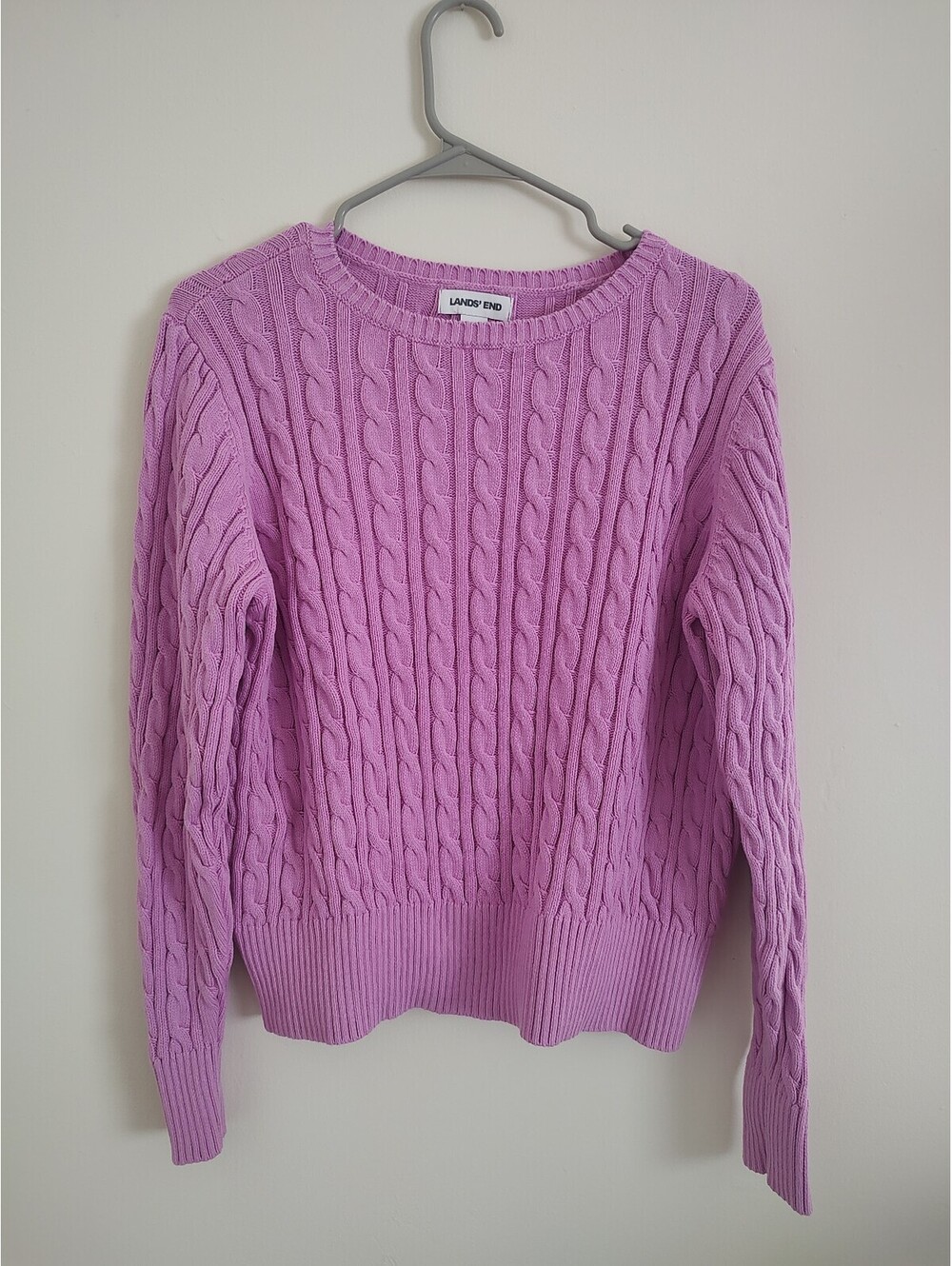 Lands' End Women's 100% Cotton Lavender Cable Knit Sweater Size L